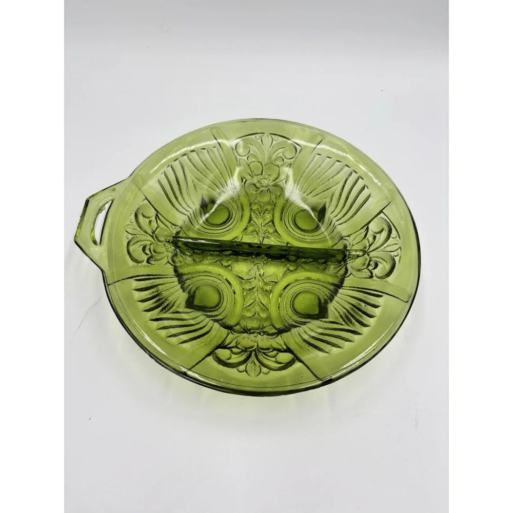 VTG Indiana Glass Killarney Green Pressed Glass 2 Part Green Relish Tray Ashtray